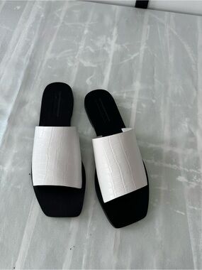White Croc-Embossed Slide Mules with Black Footbed